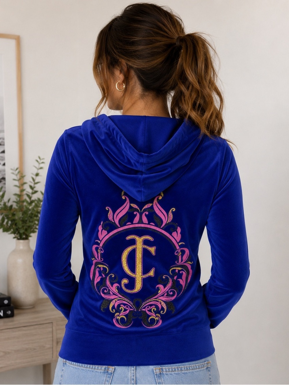 Juicy Couture Velour Zip Hoodie Sz Small Royal Blue Gold Pink JC Monogram Y2K